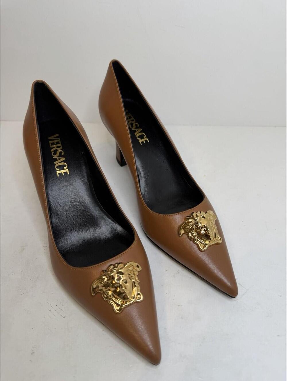 Versace Medusa Leather Pumps Brown Gold Pointed Toe Heels EU 35.5 New
